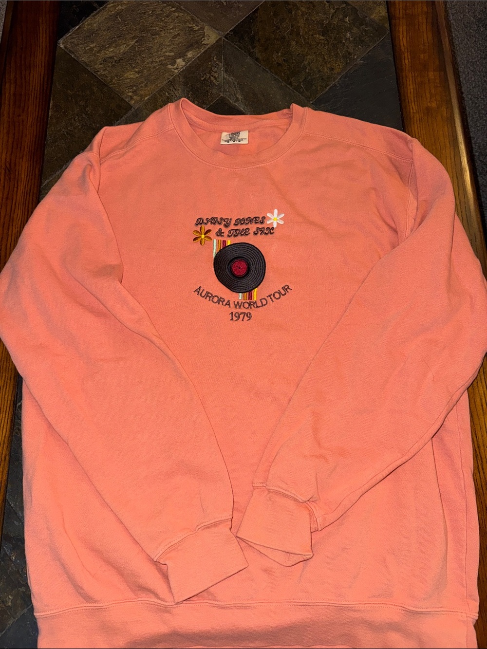 Threaded by Sabrin Coral Crewneck Sweatshirt with Embroidered Record and Flowers